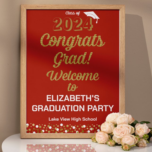 Gold Script Congrats Grad Red Welcome Sign (Creator Uploaded)