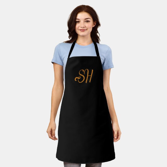 Gold script custom initials black apron (Worn)