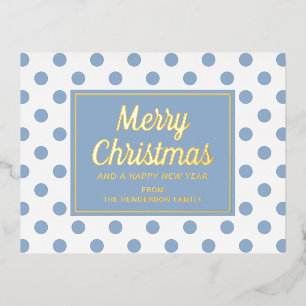 Gold Script Dusty Blue Polka Dots Merry Christmas Foil Holiday Postcard