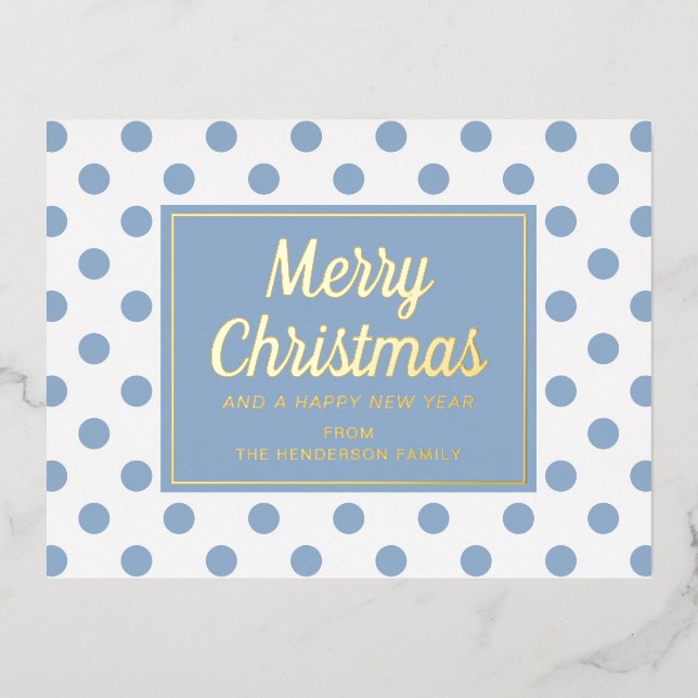 Gold Script Dusty Blue Polka Dots Merry Christmas Foil Holiday Postcard (Front)