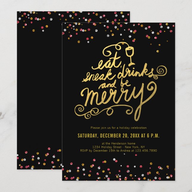 Gold Script Eat Drink Merry Confetti Holiday Party Invitation (Front/Back)