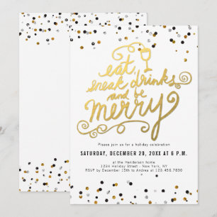 Gold Script Eat Drink Merry Confetti Holiday Party Invitation