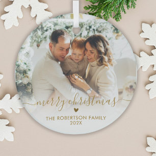 Gold Script Elegant Family Photo Merry Christmas Glass Tree Decoration