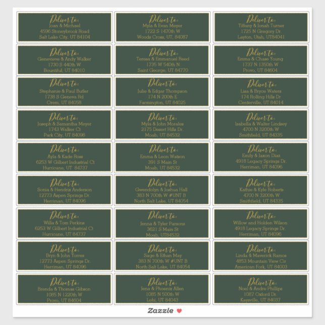 Gold Script Emerald Green Wedding Address Labels (Sheet)