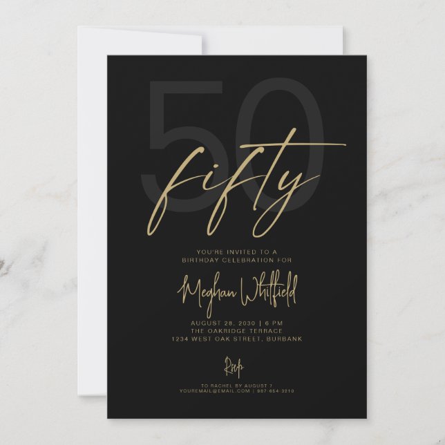 Gold Script Fifty Modern Black 50th Birthday Party Invitation (Front)
