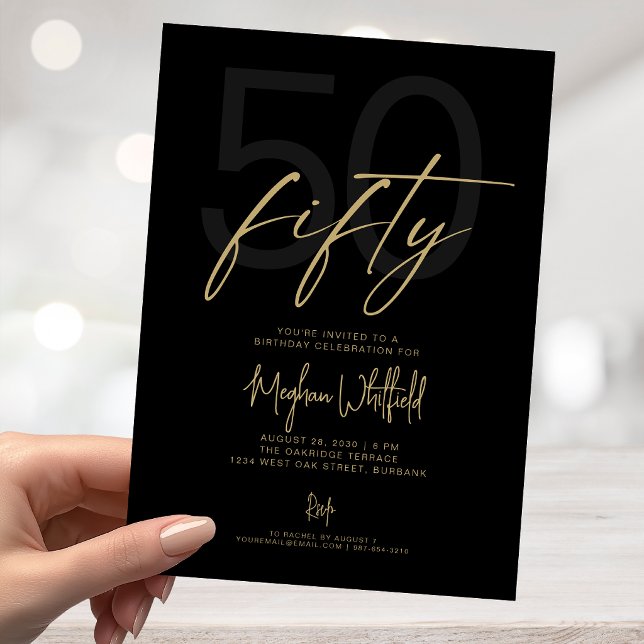 Gold Script Fifty Modern Black 50th Birthday Party Invitation (Creator Uploaded)