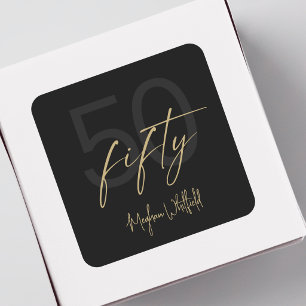 Gold Script Fifty Modern Black 50th Birthday Party Square Sticker