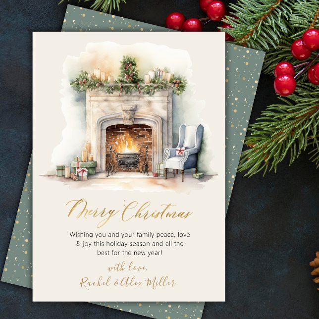Gold Script Fireplace Non Photo Christmas Cards (Creator Uploaded)