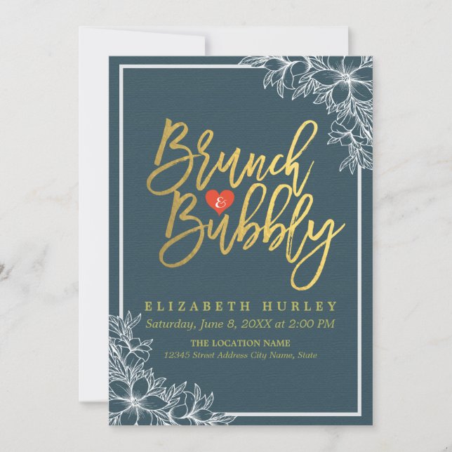 Gold Script Floral Brunch Bubbly Bridal Shower Invitation (Front)