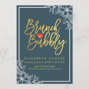 Gold Script Floral Brunch Bubbly Bridal Shower Invitation