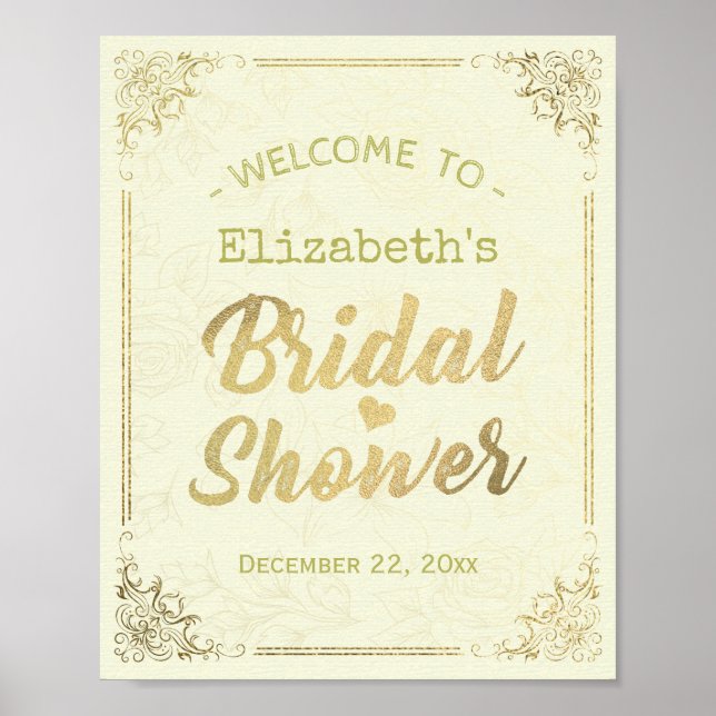 Gold Script Floral Frame Bridal Shower Welcome Poster (Front)