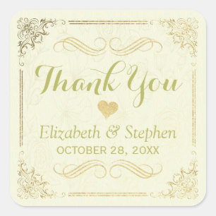 Gold Script Floral Frame Wedding Thank You Favour Square Sticker