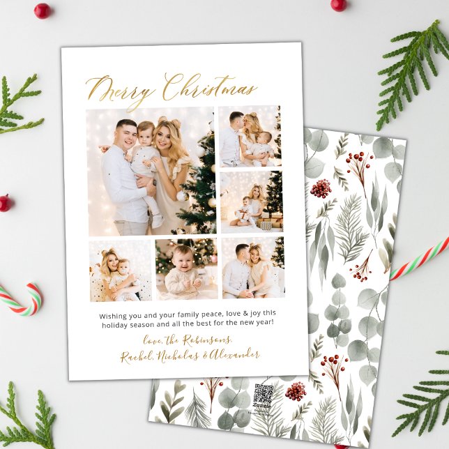 Gold Script Foliage 6 Multi Photo Christmas  Holiday Card (Creator Uploaded)
