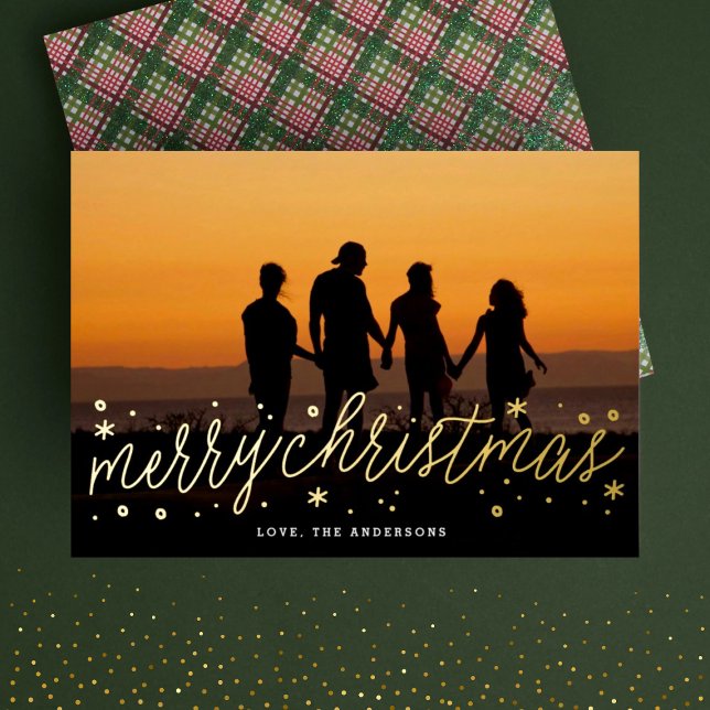 Gold Script Full Photo Merry Christmas Foil Holiday Card (Creator Uploaded)
