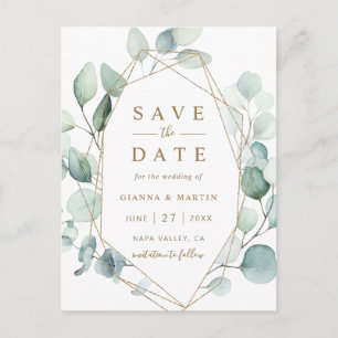 Gold Script Geometric Green Wedding Save the Date Announcement Postcard