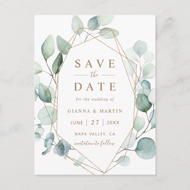 Gold Script Geometric Green Wedding Save the Date Announcement Postcard (Front)