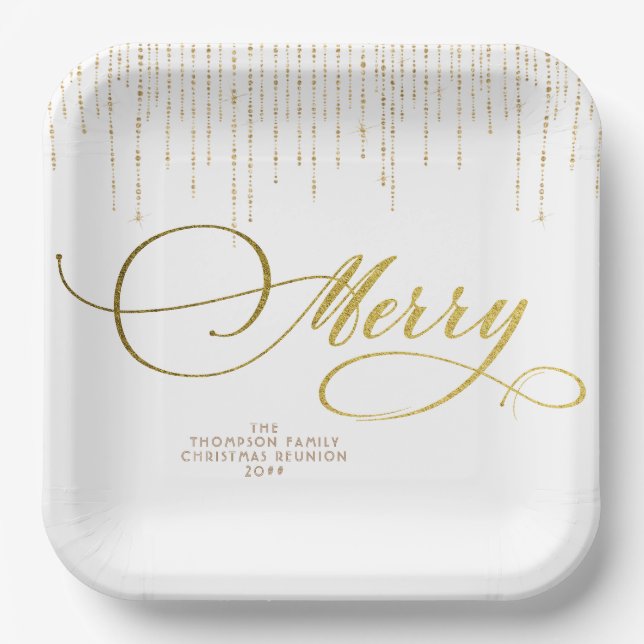 Gold Script Glitter Red White Family Christmas Paper Plate (Front)