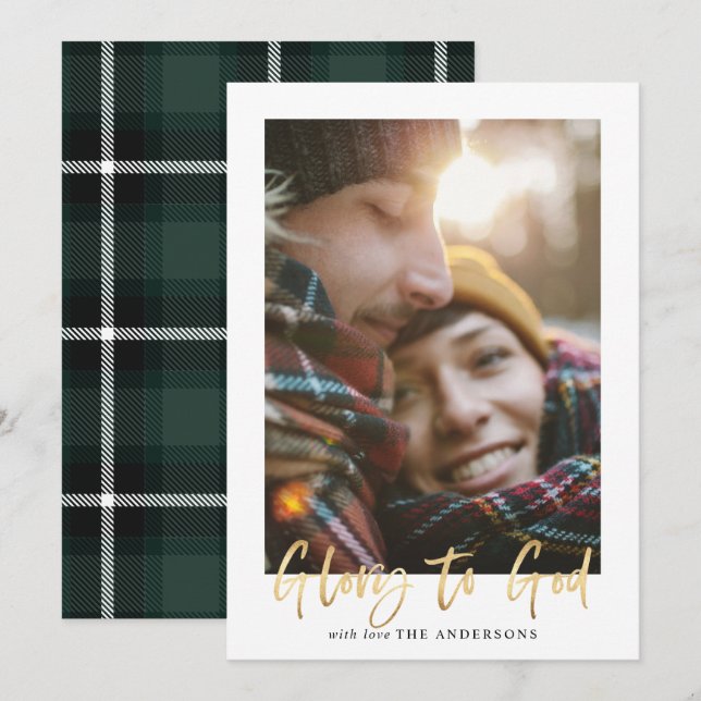 Gold script glory to god green tartan photo holiday card (Front/Back)