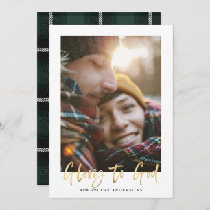 Gold script glory to god green tartan photo holiday card