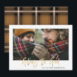 Gold script glory to god mustard tartan photo holiday card<br><div class="desc">Gold effect stylish script merry Christmas with coordinating mustard check tartan backer design. Space for a single photo design.</div>