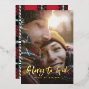 Gold script glory to god red tartan photo  foil holiday card