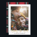 Gold script glory to god red tartan photo holiday card<br><div class="desc">Gold script glory to god stylish holiday card with red tartan backer design. Space for single photo.</div>
