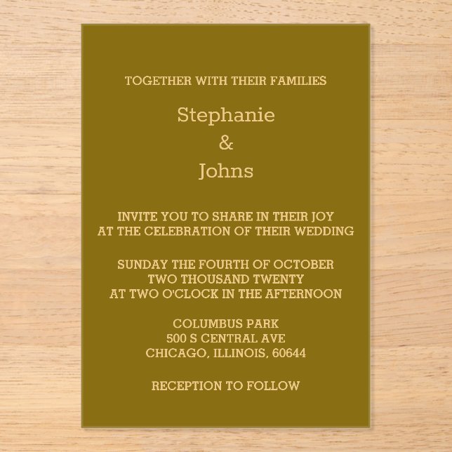Gold Script Golden Yellow Brown Elegant Wedding Acrylic Invitations (Front)