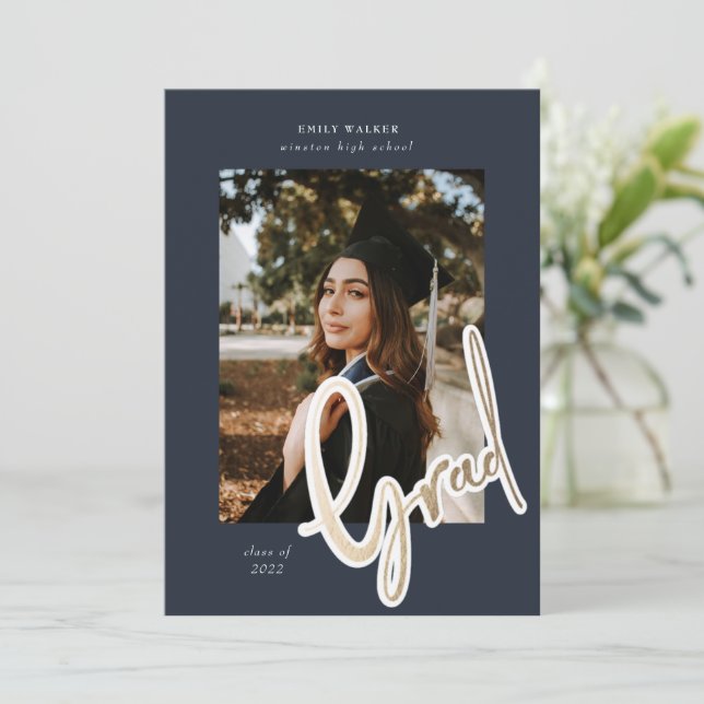 gold script graduation announcement photo card (Standing Front)