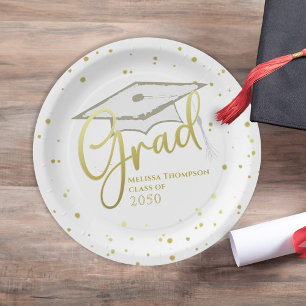 Gold Script Graduation Cap Class of Party Decor Paper Plate
