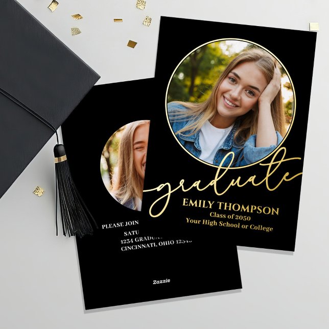 Gold Script Graduation Multi Photo Template (Graduate real gold foil invitation announcement card. )
