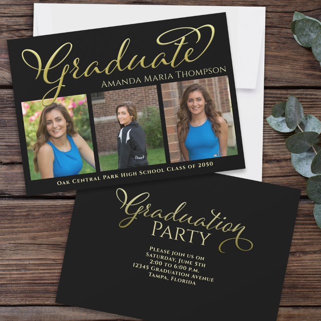 Gold Script Graduation Party Photo Custom Invitation (Graduation photo invitation with black and gold typography)