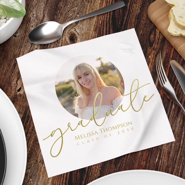 Gold Script Graduation Party Photo Custom Napkin (Graduation gold script custom photo napkin.)