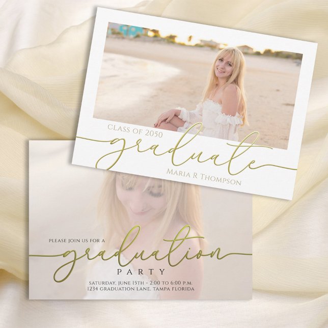Gold Script Graduation Photo Elegant Custom Invitation (Graduation photo invitation template with elegant gold calligraphy script. )
