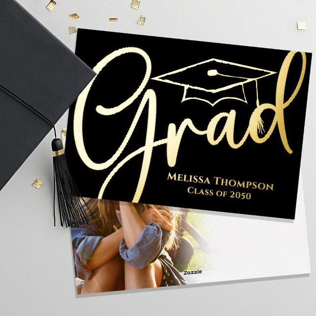 Gold Script Graduation Photo Template  (Gold foil graduation photo card invitation announcement. )
