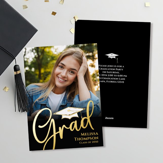Gold Script Graduation Photo Template Classic (Gold foil photo graduation photo invitation announcement)