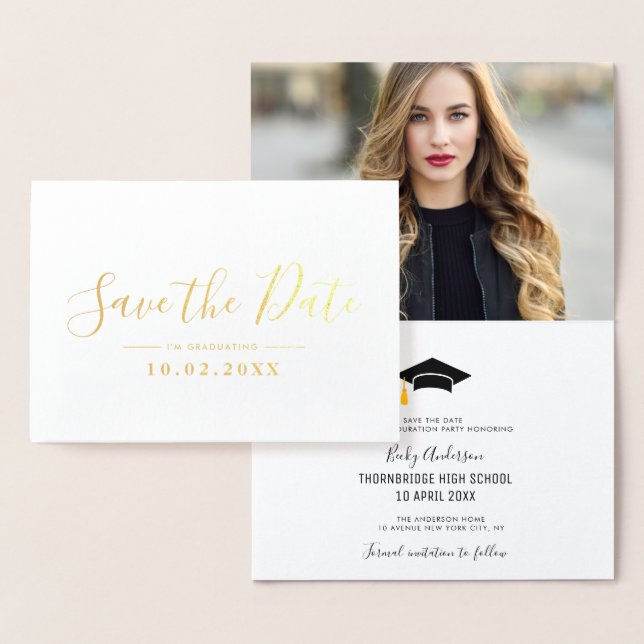 gold script graduation save the date photo foil card (Display)