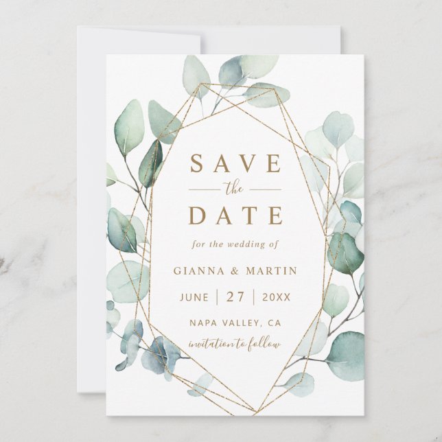 Gold Script Green Foliage Geometric Wedding Save The Date (Front)