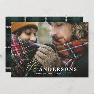 Gold script green plaid backer 1 photo Christmas Holiday Card