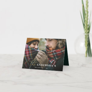 Gold script green plaid backer 1 photo Christmas Holiday Card