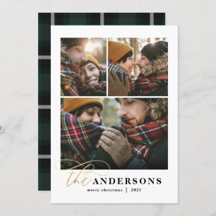 Gold script green plaid backer 3 photo Christmas Holiday Card
