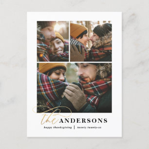 Gold script green plaid multi photo thanksgiving  holiday postcard