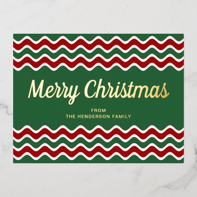 Gold Script Green Stripes Merry Christmas Foil Holiday Postcard (Front)