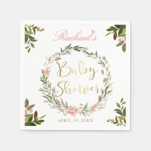 Gold Script Greenery Floral Wreath Baby Shower Napkin