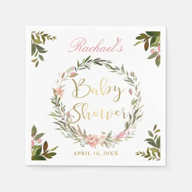Gold Script Greenery Floral Wreath Baby Shower Napkin (Front)