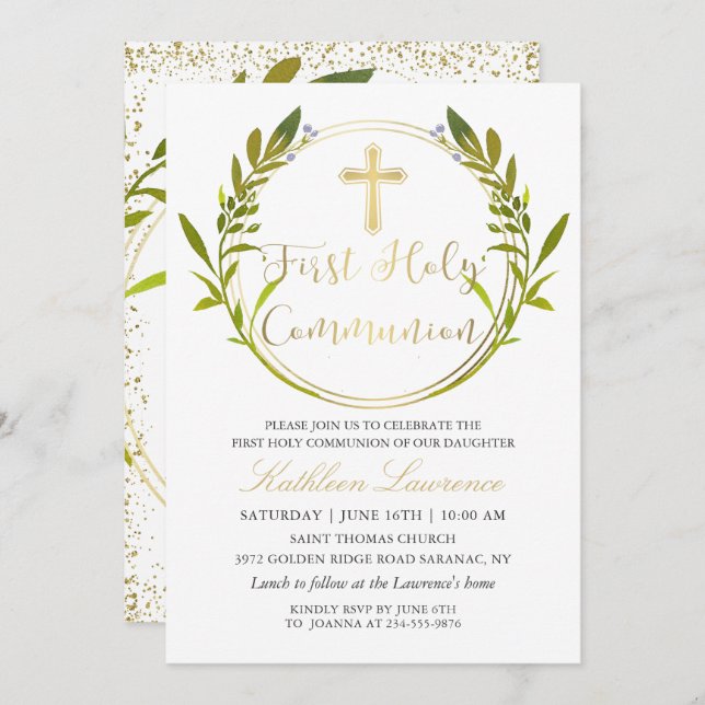 Gold Script Greenery Wreath First Holy Communion Invitation (Front/Back)