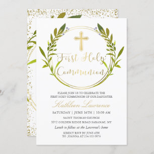Gold Script Greenery Wreath First Holy Communion Invitation