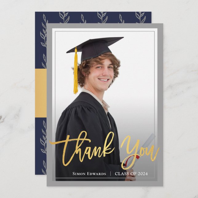 Gold Script Grey & Blue Graduation Photo Thank You Announcement (Front/Back)