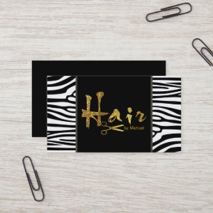 Gold Script Hair Stylist Modern Zebra Skin Business Card