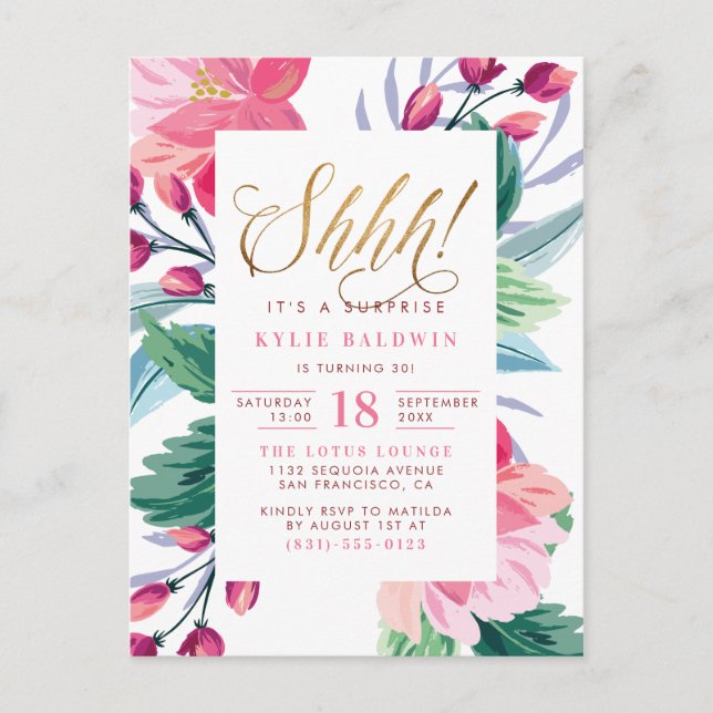 Gold Script Hand Painted Floral Surprise Birthday Invitation Postcard (Front)