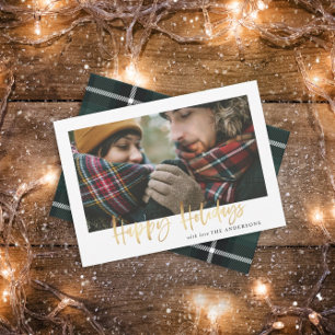 Gold script happy holidays green tartan photo holiday card